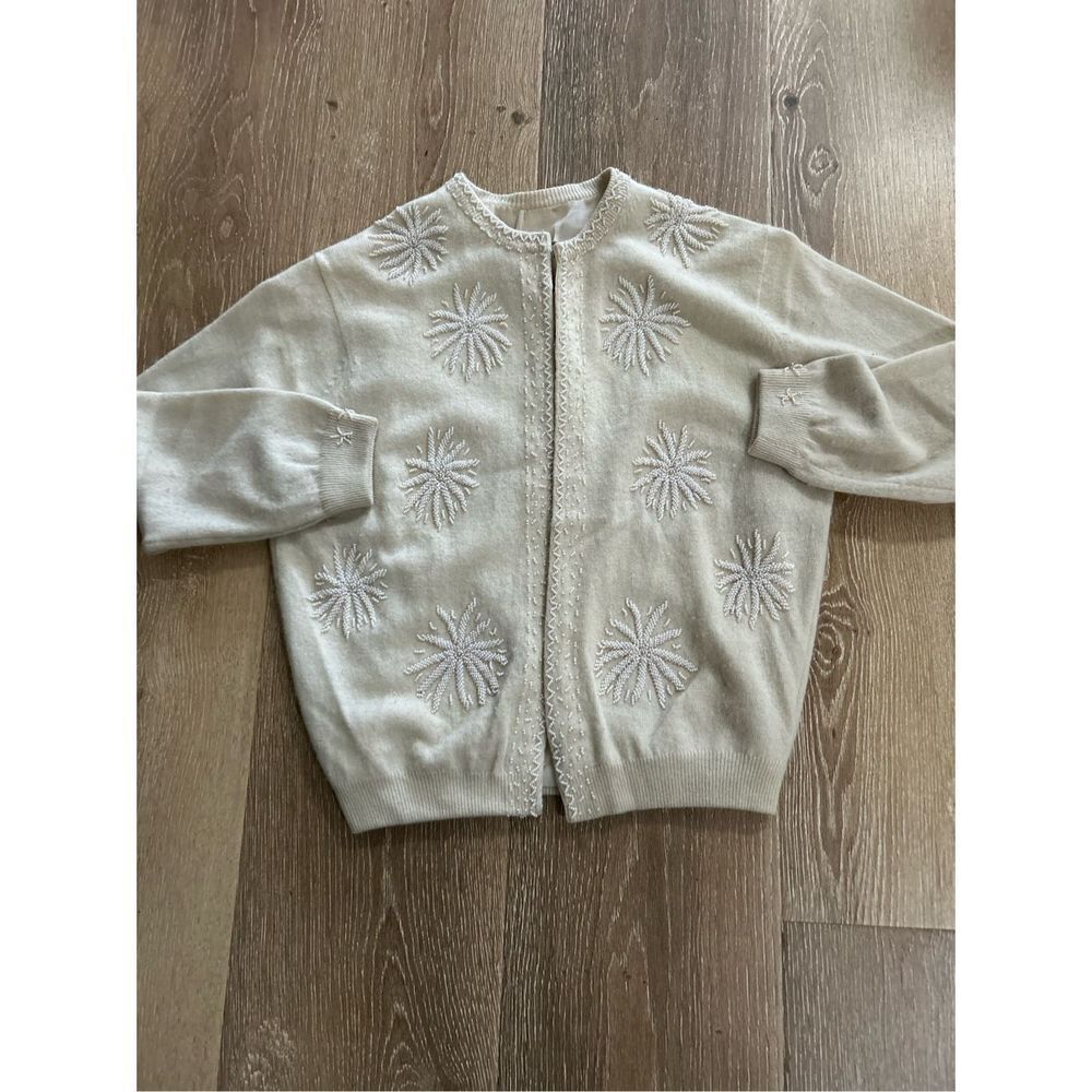 Vintage 50s Cream Starburst Floral Beaded Cardigan Classic Holiday Luxury XS